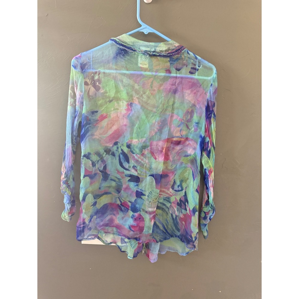 Casual Studio Womens Small Sheer Watercolor Abstract Print Button Up Blouse Blue - Picture 6 of 8